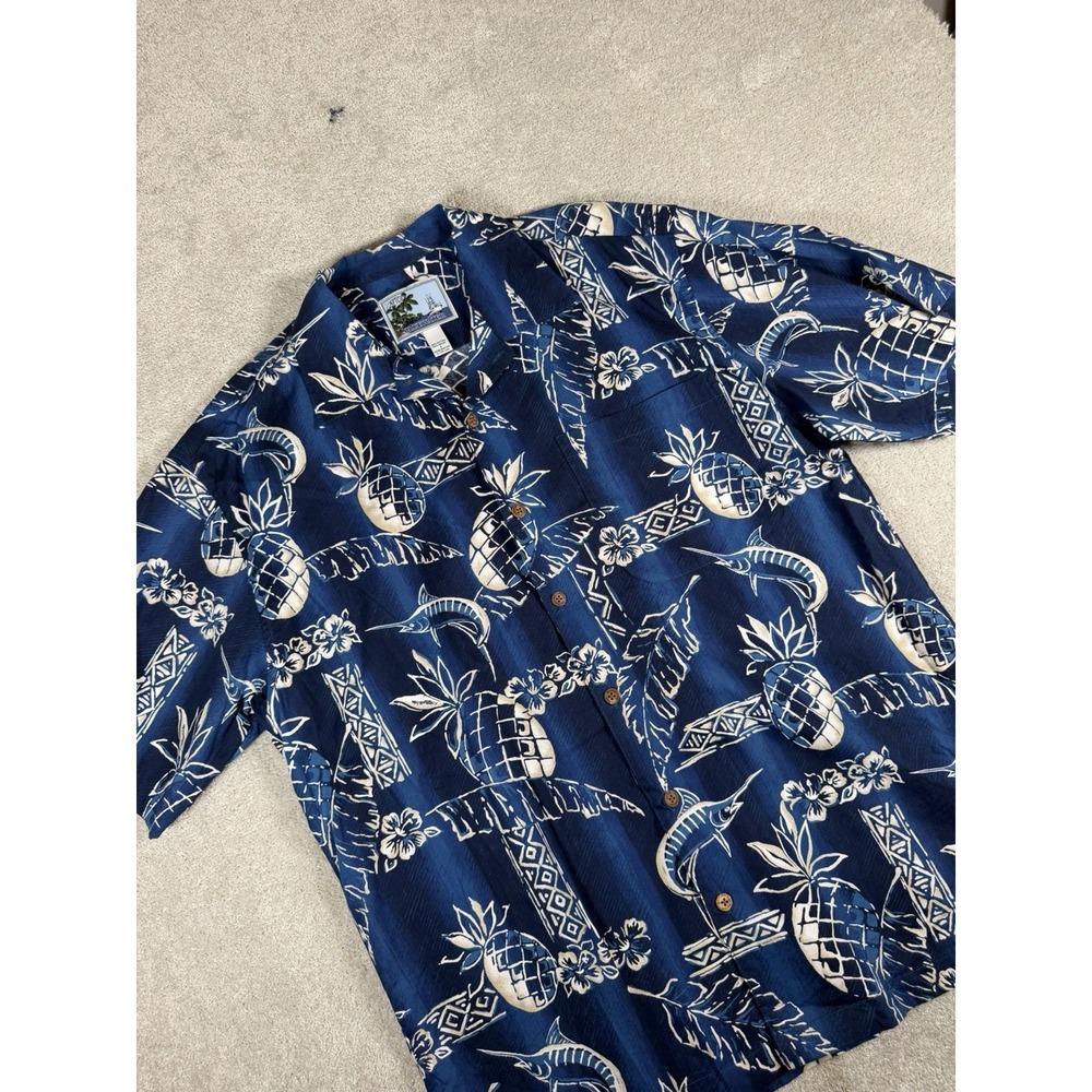 AFTCO Bluewater Men's‎ Hawaiian Shirt Blue White Fish Floral Cotton Rayon L USA